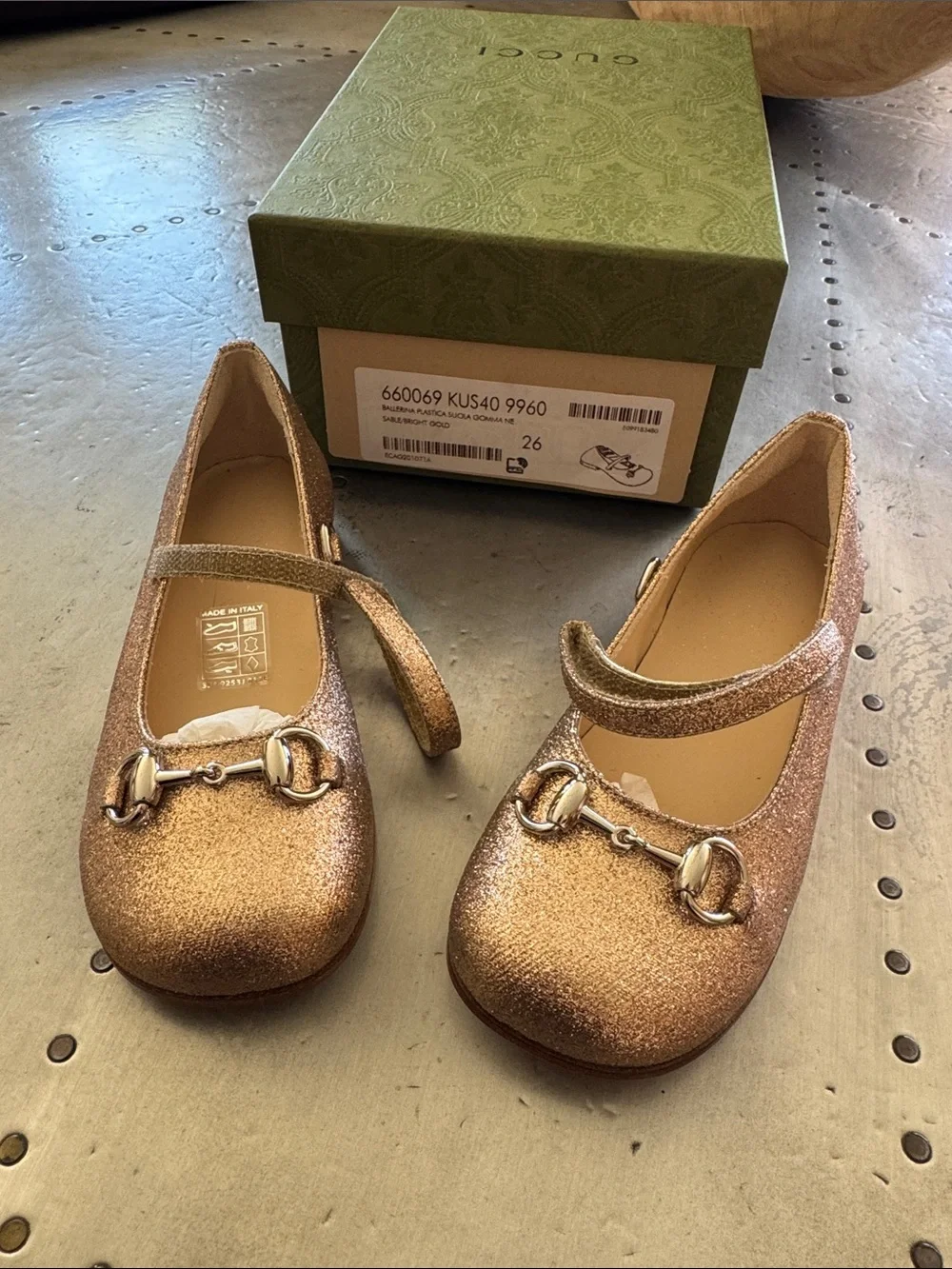 Gucci Metallic Rose Gold Girl's Horsebit Mary Jane Flats